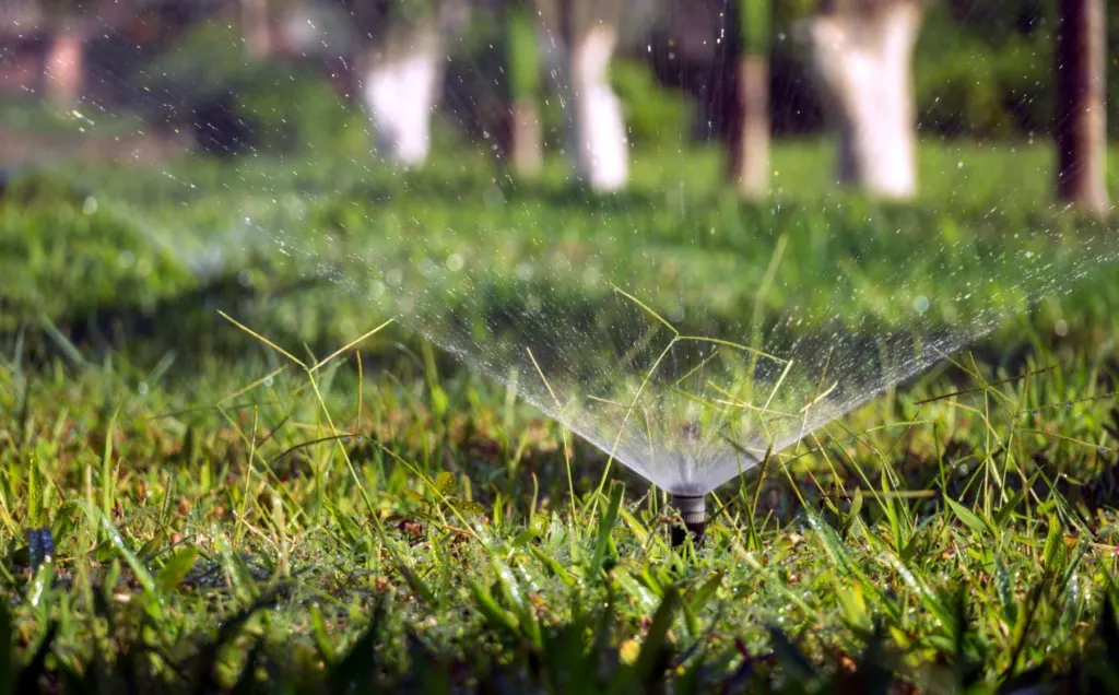 Pop-up sprinkler head watering a lawn
