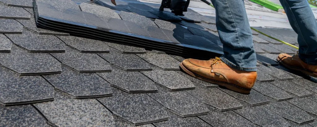 Roofer nailing architectural shingles on a roof